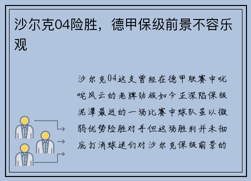 沙尔克04险胜，德甲保级前景不容乐观